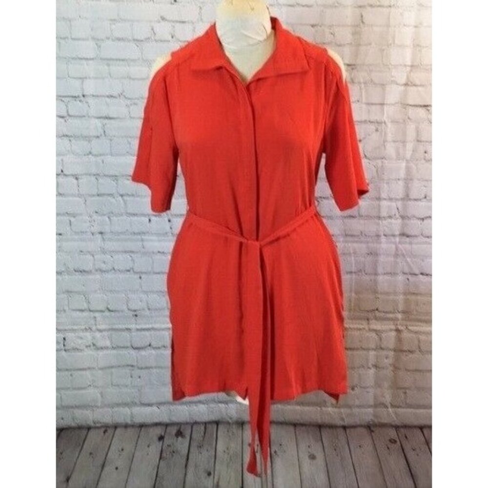 Chico’s Red Mini Shirt Dress Cold Shoulder Tunic Pockets Short Sleeve Small
